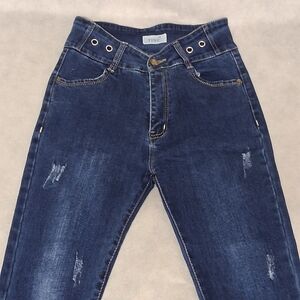 TIME Blue Jeans 29x25.5 Skinny Leg Jegging High Rise Dark Wash Distressed